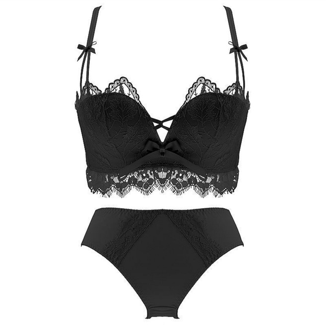 無鋼圈性感蕾絲內衣套裝, 1個, 黑色（內衣+內褲）36/80B