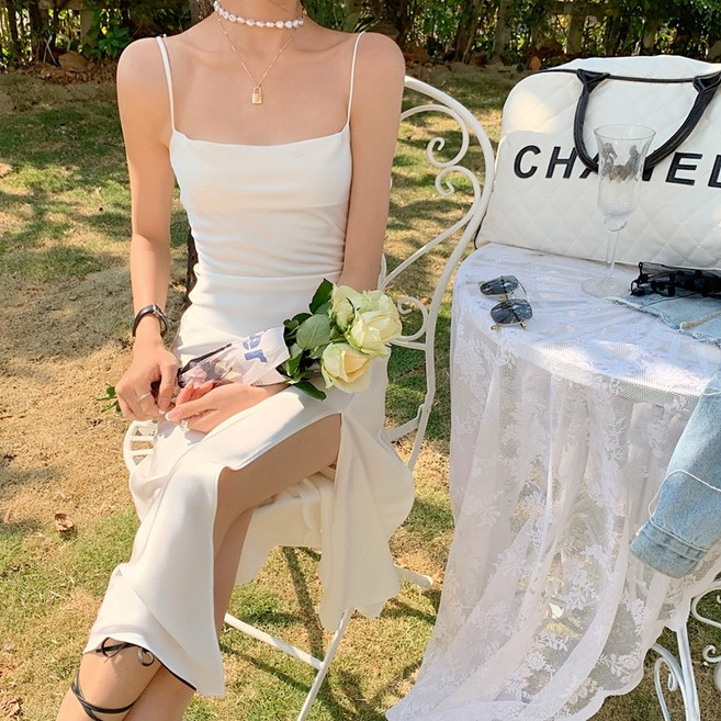 쪼예 셀프 웨딩 브라이덜 스냅 새틴 실크 옆트임 끈 나시 롱 원피스