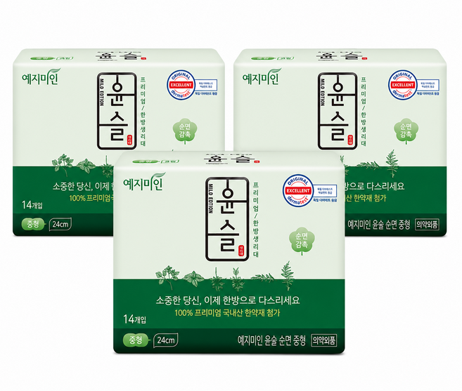 예지미인 윤슬 순한 순면 대형 생리대 날개형 14p x 3팩 + 숲속이야기 중형 2p, 3개, 14개입
