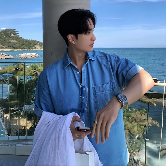 ANYOU 남자 여름 반팔 셔츠 오버핏 데님 반팔 셔츠 칼라 캐주얼 상의
