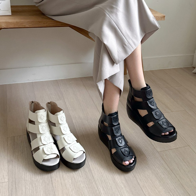 슈리오 여성 소가죽 썸머 오픈 키높이 앵클부츠 7cm