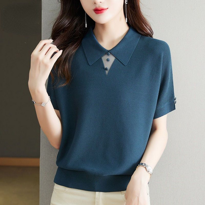 중년 여성 터틀넥 니트 반팔티 루즈핏 얇은 카라넥 니트 반팔 여름 엄마 반팔 티셔츠 LT