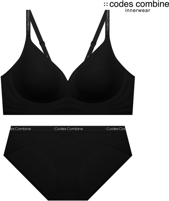 로고포인트 후크형 심리스 노와이어브라 팬티 세트_블랙