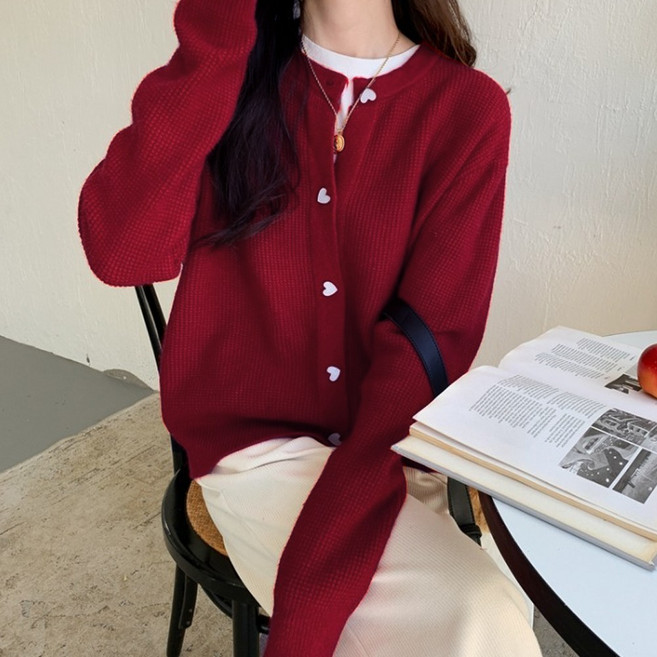 하트 단추 가디건 여성 라운드 니트 간절기
