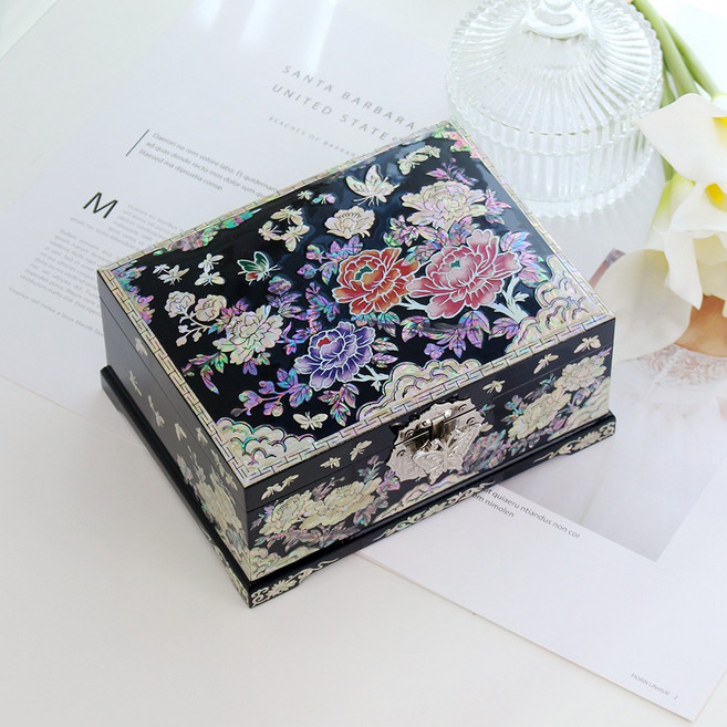 박씨상방 예쁜 컬러채색 목단꽃 자개보석함 2단형(18cm) 악세사리 보관함 예단 자개함, 1개, 검정