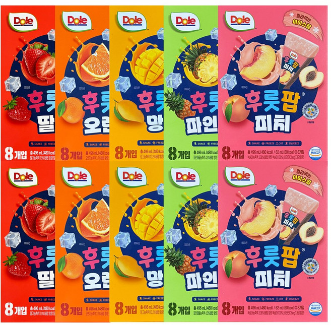 DOLE 돌후룻팝 5종혼합 (망고2 오렌지2 피치2 파인애플2 딸기2), 10개, 496ml