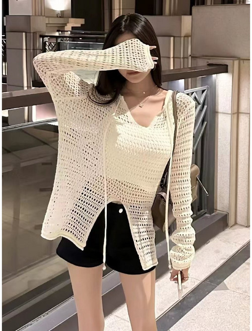 COSYEVNO 여성 여름용 루즈핏 매쉬 후드 니트 티셔츠 캐주얼 LFHfszs-10, 화이트