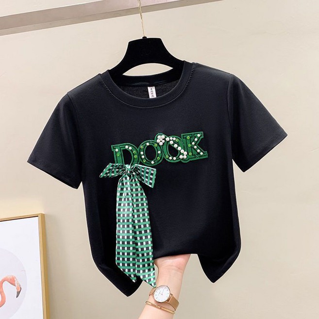 VVRR 여성 라운드넥 체크 리본 포인트 진주 레터링 프린팅 큐빅 반팔 면 티셔츠 W0061723