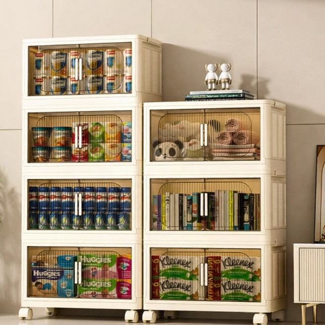 mmarevo 접이식 폴딩 수납장 대용량 다용도 리빙박스 무설치 이동식 양문형, 투명