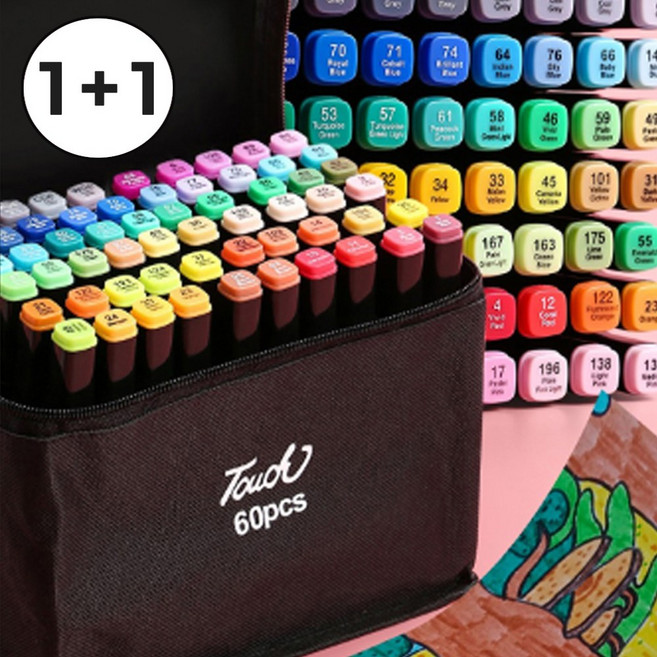 [5시건 당일배송] 1+1 파격할인 더블헤드 트윈마카펜 디자인 마카세트 유성 컬러마커 60색 전문가용, 2개