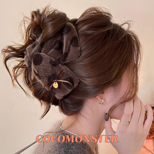 COCOMONSTER 프리미엄 밍크퍼 삼각 리본 올림머리 헤어 집게핀 반머리 집게핀 13cm
