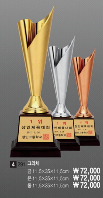 우승상사 그라체 우승컵 트로피 금은동, 동