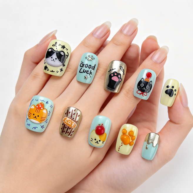 [당일배송] 천안각 레귤러 스퀘어 디자인 붙이는 인조손톱 카툰패턴 다양한 사이즈 선택가능, 1개, 01 - T708 M