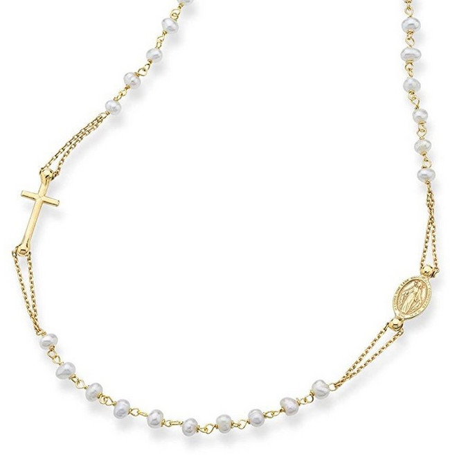 Miabella 18K 골드 오버 925 스털링 실버 핸드메이드 이탈리안 화이트 담수 진주 볼 비즈 사이드 웨이 묵주 십자가 목걸이 여성용 이탈리아산 순은 150436, 길이 45.7cm(18