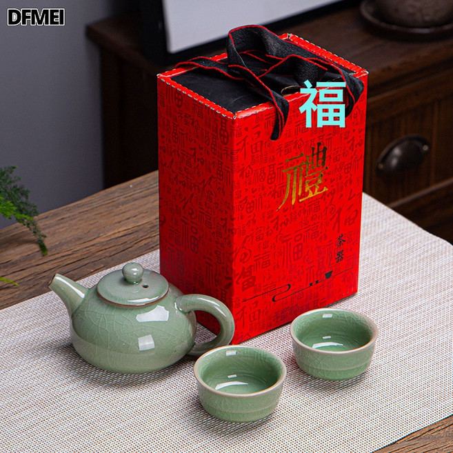 DFMEI 哥窯汝窯禮品禮盒茶具套裝公司活動伴手禮年會隨手禮, 紅盒哥窯仿古壺一壺2杯, 參考詳情, 1個