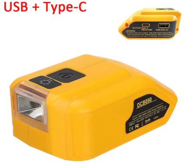Dewalt 18V 20V 리튬 이온 배터리용 LED 작업등 포함 USB 어댑터 휴대용 전원 컨버터 USB C타입 DC 12V 140lm, USB Type-C, 1개