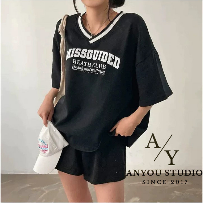 ANYOU 여성 캐주얼 세트 루즈핏 빅사이즈 반팔 트레이닝 세트 상하복