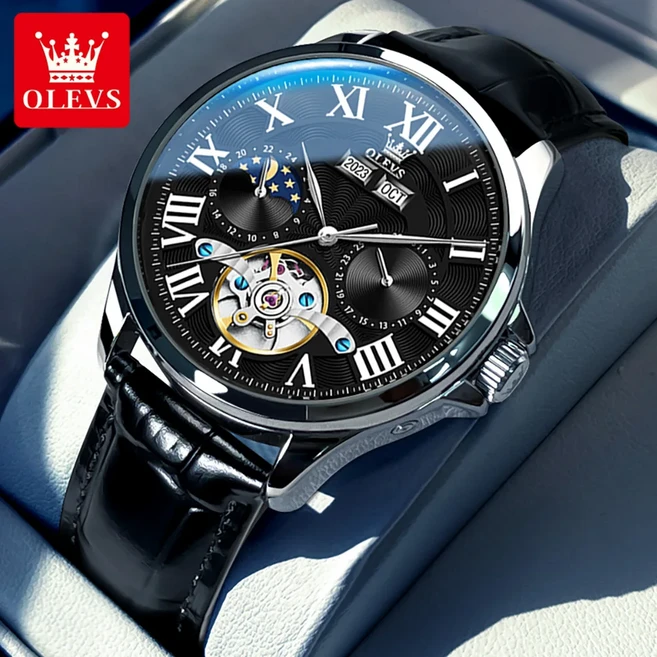 OLEVS 7013 오토매틱 남성용 워치 문페이즈 방수 고급 날짜 스테인리스 스틸 기계식, 01 China Mainland, 04 검정색