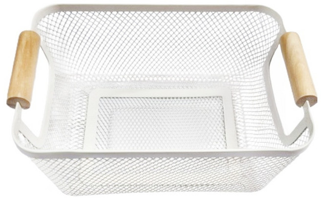 樂司廚品 小鐵多用途收納籃, 白色 + 原木色, 1個