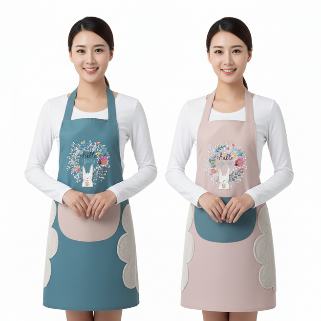 루세로 주방앞치마 핸드타월 부착 방수 앞치마 2개, 블루토끼+핑크토끼, 1세트