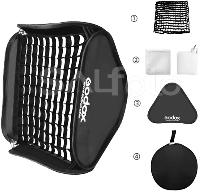 Godox 오리지널 접이식 소프트 박스 S 타입 보웬스 플래시 거치대 마운트 S2 스피드라이트 브래킷 40x40c, 03 40x40cm, 01 Softbox with Grid
