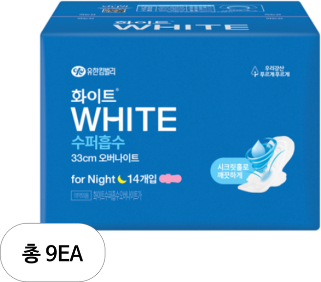 화이트 수퍼흡수 날개형 생리대, 오버나이트, 14개입, 9개
