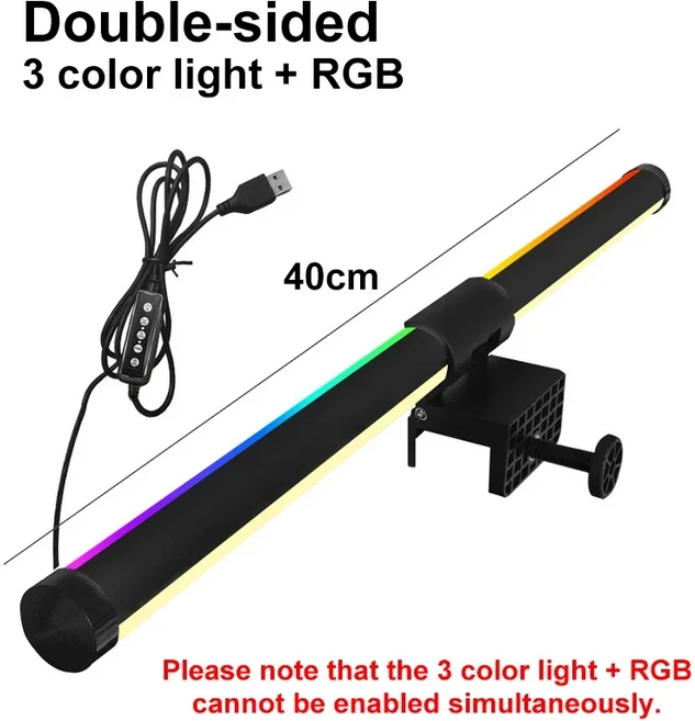 LED 스크린 걸이형 램프 PC 디스플레이 라이트 바 USB 충전 눈 보호 독서 학습 홈 오피스 눈 편안함 책상, 02 3 Colors and RGB