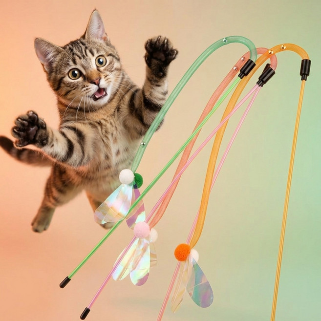 묘견인생 고양이 카샤 바스락 낚시대 장난감, 3개, 핑크,오렌지,그린