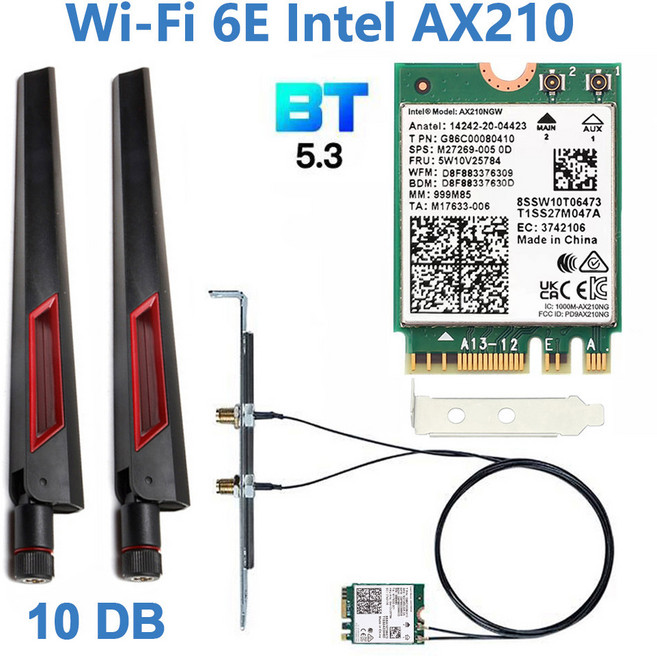 인텔 AX210 와이파이 카드 5374Mbps 블루투스 5.3 6E 어댑터 2 in 1 데스크탑 키트 10DBi 안테나 PC용 802.11ax 2.4G 5Ghz, With 10DB Antenna, With 10DB Antenna