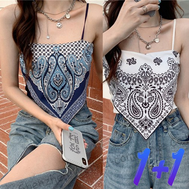 1+1 (2장 묶음) 여자 여성용 여름 기본 소매 없는 이너 스트랩 탱크 상의 빈티지 프린트 슬링 조끼 블라우스 끈탑 크롭티 티셔츠