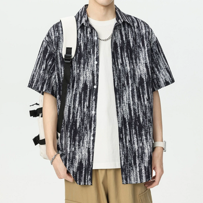 남성용 여름 빅사이즈 루즈핏 아이스실크 바캉스룩 캐주얼 반소매 셔츠