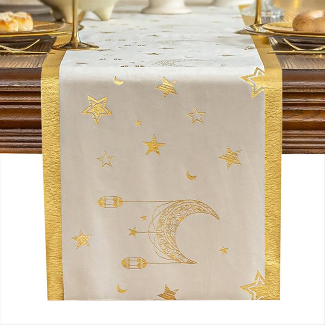 테이블 러너 Eid al-Fitr Ramadan Hot Stamping Moon Lantern and Stars 테이블 러너 벨벳 테이블 장식을위한 테이블 러너, 비, 그림처럼