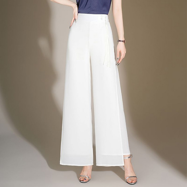 봄 여름 얇은 하이웨스트 와이드 팬츠 빅사이즈 데일리 여성 쉬폰 바지 트임 팬츠 CJJ