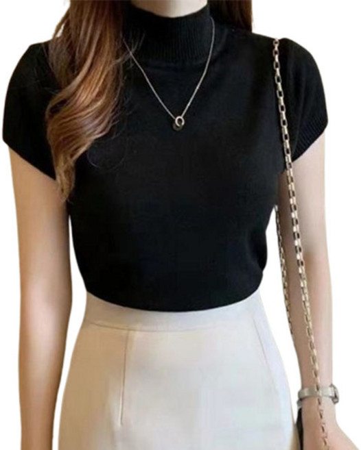 후쿠호 1+1 여성용 데일리 봄 가을 겨울 간절기 따뜻한 오피스룩 하프넥 반목 기본 슬림핏 반팔 니트 티셔츠