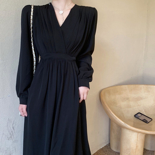 韓版長袖V領連衣裙 修身顯瘦法式長裙, 黑色