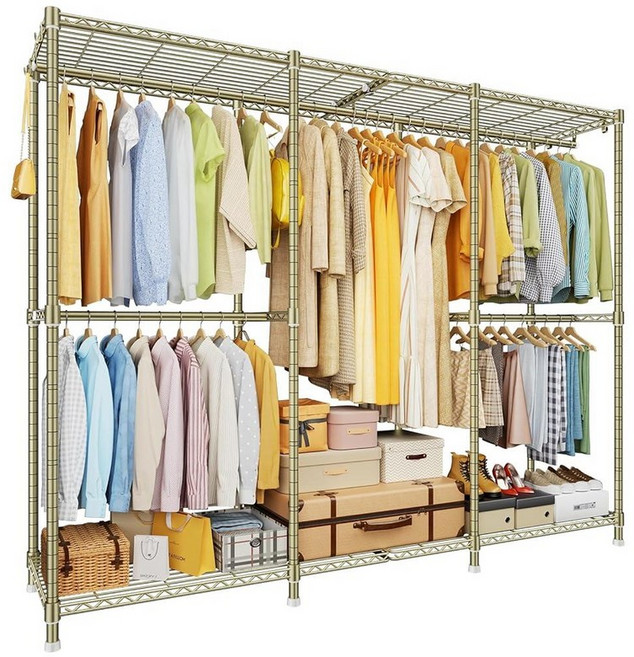 ULIFHOME E14 Pro 튼튼한 옷걸이 옷 걸기용 독립형 의류 랙 조절 가능한 옷장 정리함 및 보관 선반이 있는 금속 너비 170.6cm(69인치) x 깊이 40.6, 골드_156425