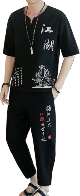 남자 린넨 바지 상하의세트 면 마 생활 소재 삼베 퓨전 여름 강호 자수 YD 뉴타임즈 H682Y452, 5XL, 블랙, 1개