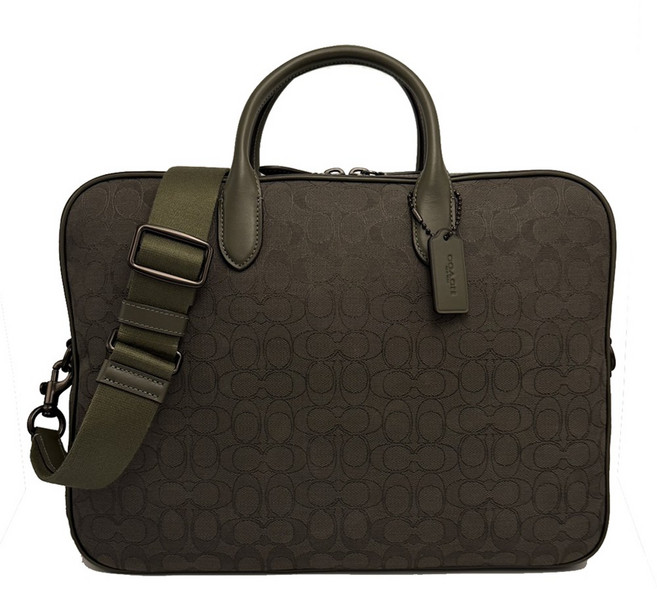 COACH 經典 Logo 緹花織布 牛皮 側背包 公事包
