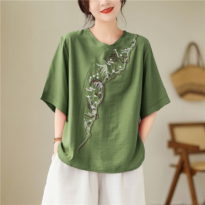 刺繡上衣 夏裝 中國風 大碼 寬鬆 透氣 棉麻