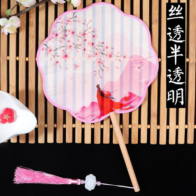 尋川 半透明團扇 復古風宮扇, 紅衣少女, 1個