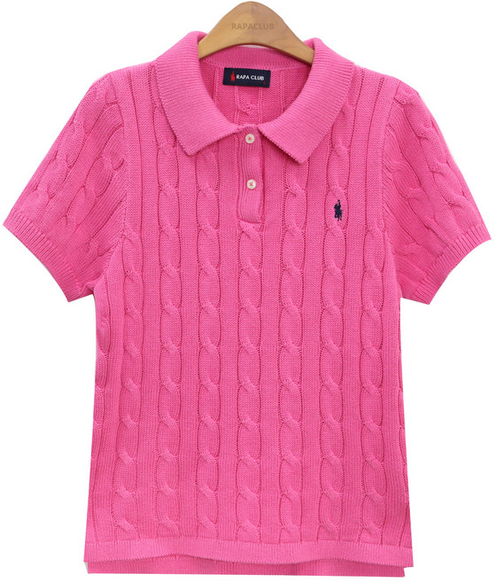 라파클럽 여성 케이블 반팔 카라 니트 꽈배기 면 100% 여름 스웨터
