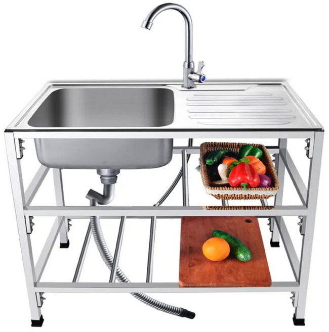 Farry 간이 이동식 싱크대 세면대 스텐 업소용싱크대 주방싱크대 싱크대개수대 + 세면대수전 세트, 은색