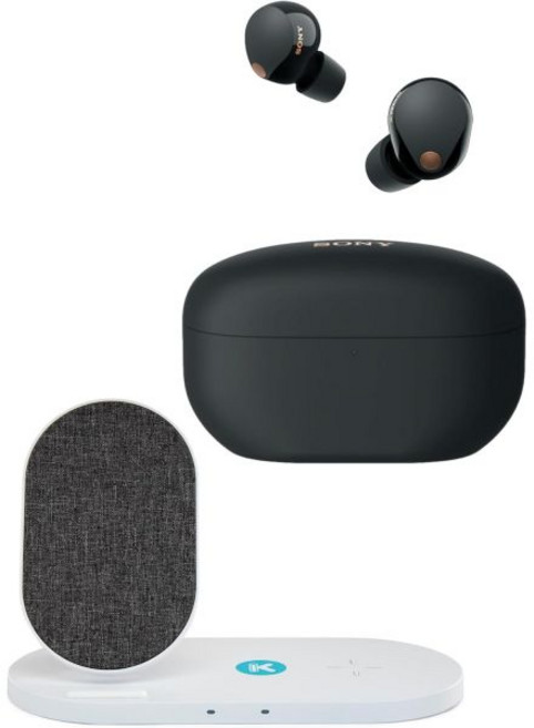 Sony WF-1000XM5 트루 와이어리스 블루투스 노이즈 캔슬링 인이어 헤드폰 (블랙) 듀얼 패드 무선 충전기 번들 포함 (2 품목)
