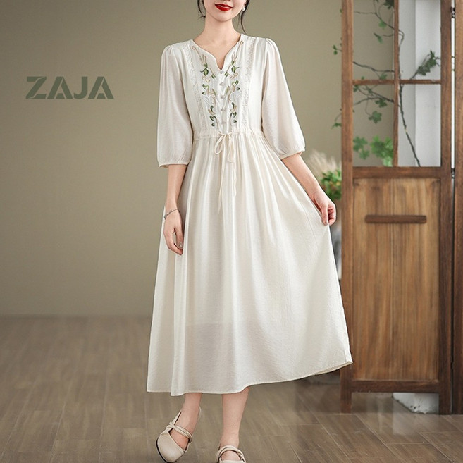 ZAJA 여성 여름 롱원피스 브이넥 루즈핏 허리스트링 7부소매