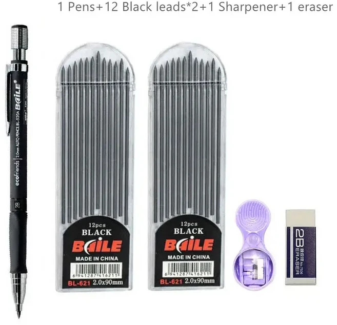 2.0mm 샤프 펜슬 세트 초안 그리기 쓰기 공예 미술 스케치용 컬러/블랙 리드 리필이 포함된 2B 자동 연필, [06] Black Pencil set F