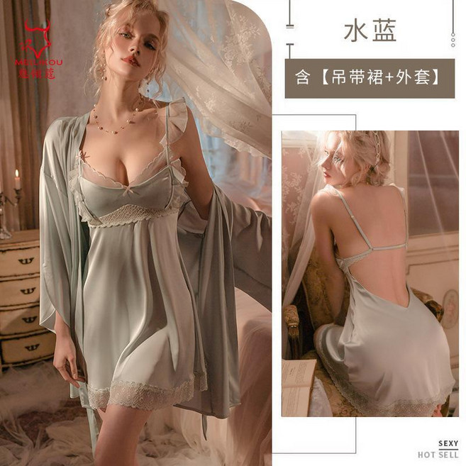 秋季仿真絲高級感居家吊帶睡裙女荷葉邊情趣居家吊帶睡袍套裝