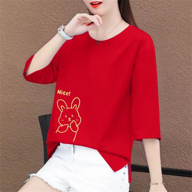 besteffie 여성용 7부티셔츠 캐주얼 티셔츠 귀여운 토끼 프린트 7부 소매 면 봄 여름 E28