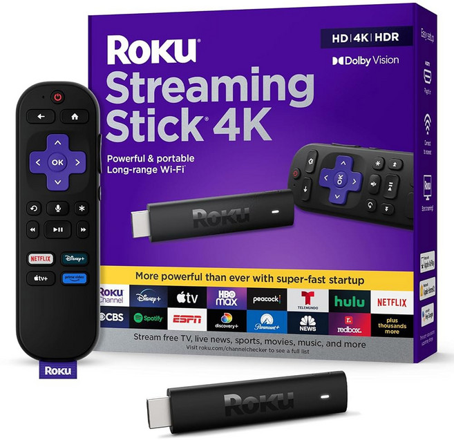 음성 리모컨 및 장거리 Wi-Fi가 포함된 TV용 Roku 스트리밍 스틱 4K - HDR & Dolby Vision 장치 무료 라이브 TV, 4K Dolby Vision, 1개