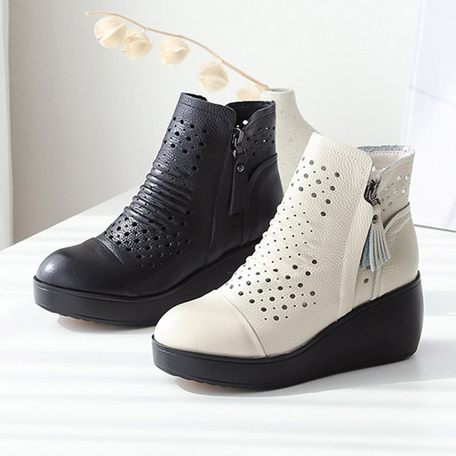 스타슈 여성 천연소가죽 봄 여름 키높이 쿠션 통굽 펀칭 발편한 앵클부츠 7cm