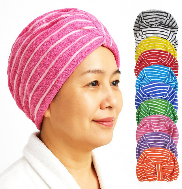 CN[국내생산]샤워캡 헤어캡 국산 고급 면 사우나 모자 줄무늬 핑크 x 2개